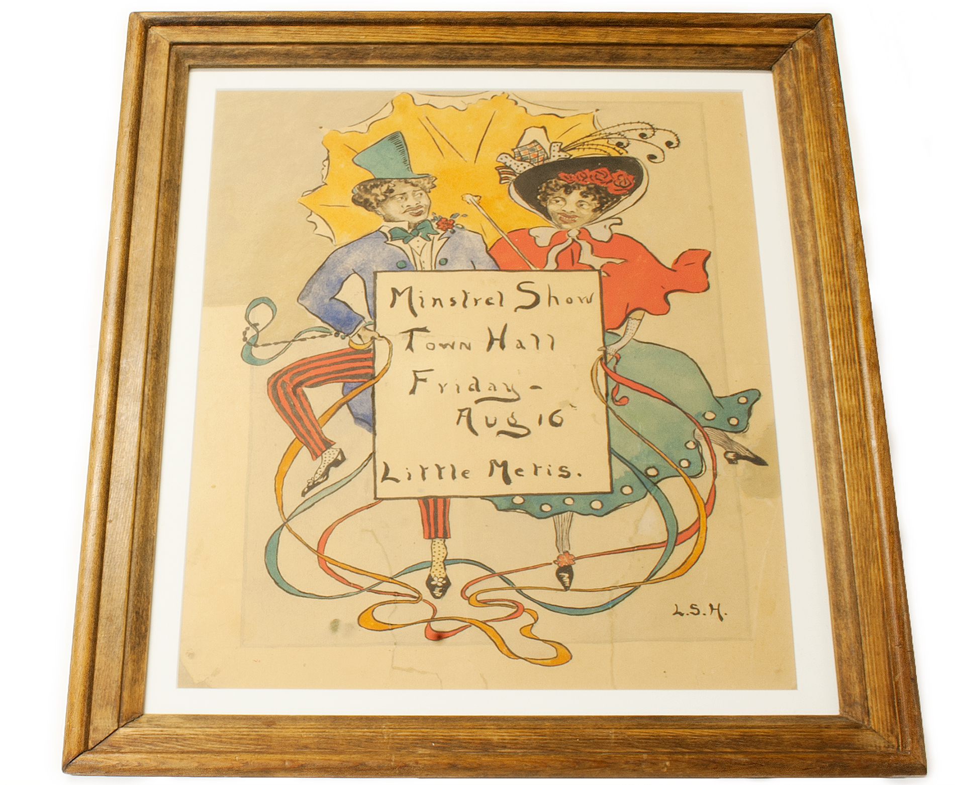 Color poster of a cabaret of Petit Metis. The poster shows two characters dancing under a yellow umbrella.The character on the left, a man, is wearing a navy blue jacket, a sky blue high hat and red and blue railed pants. The character on the right, wears a sky blue dress and a red cape tied at the neck with a white ribbon. He wears a black hat with a wide edge and long white gloves. The two figures are holding a sign that reads Minstrel Show Town Hall Friday Aug 16 Little Metis. They are also holding three coloured ribbons.
