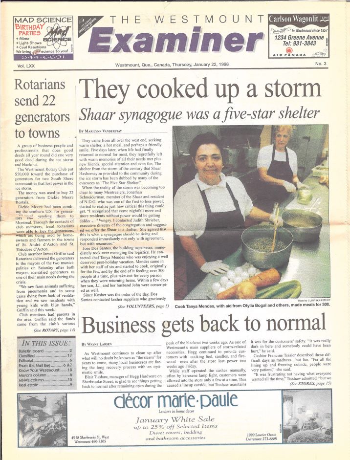 A newspaper article regarding the synagogue's response to the 1998 Ice Storm.