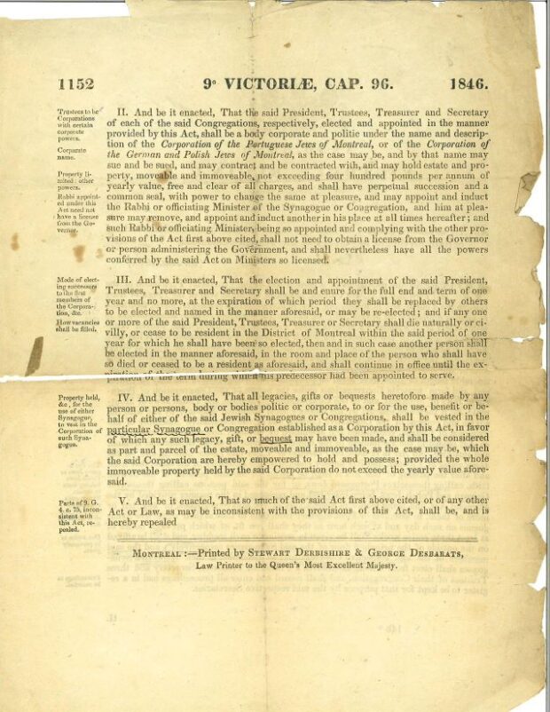 The second page of the Act of Lower Canada officially incorporating the Shaar Hashomayim in 1846.