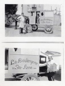 Two black and white photographs: Boulangerie Ste-Anne (Ste-Anne's Bakery). Top: man in an apron near a closed horse-drawn cart (