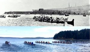Two photographs of canoes racing, one above the other: on top a black and white image of five first nation canoes. Below is a colour photograph showing six canoes. In both photographs the water around the canoes is churned by the intense activity of the paddlers.