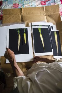 Overhead view of a person holding photographic prints of white carrots against a dark background. The photos are resting on kraft paper and a colorful patchwork blanket.