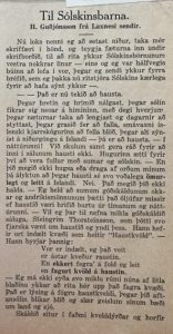 A Icelandic language article clipping titled Til Sólskinsbarna by H. Guðjónsson frá Laxnesi, printed in the November 1916 issue of Sólskin.