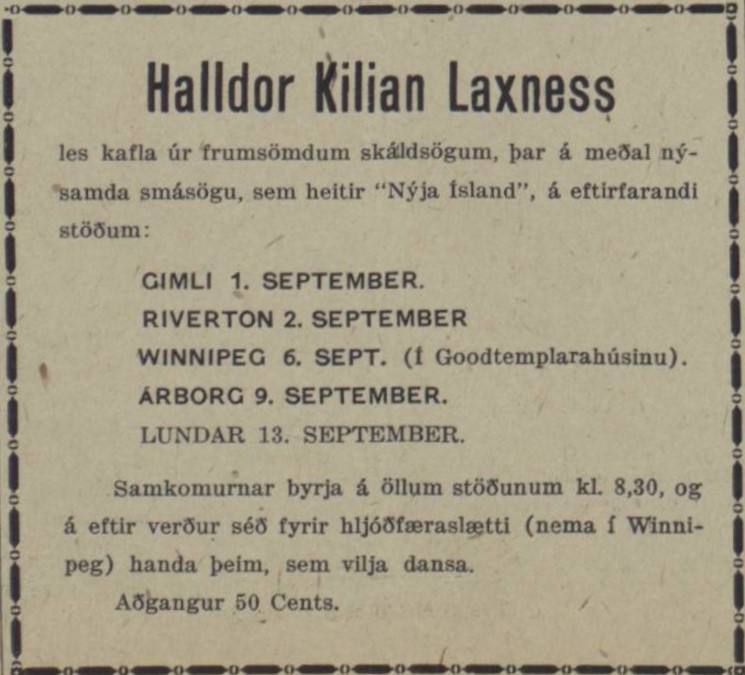A 1927 Icelandic newspaper ad listing Halldór Kiljan Laxness’s reading tour schedule in Manitoba. Dates include Gimli (Sept. 1), Riverton (Sept. 2), Winnipeg (Sept. 6), Arborg (Sept. 9), and Lundar (Sept. 13). The ad notes that readings start at 8:30 p.m., followed by music and dancing, and mentions 50-cent admission. The ad is bordered with a simple decorative line.