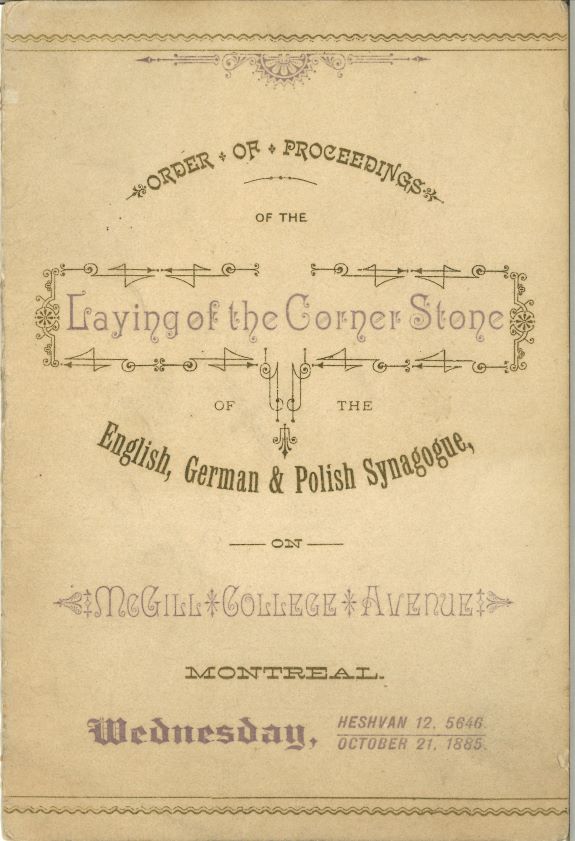 The front page of the programme for the laying of the cornerstone of the new synagogue building on McGill College Avenue.
