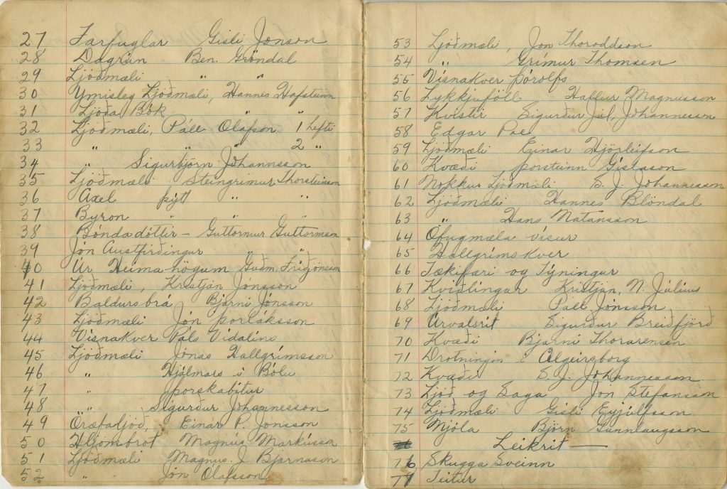 Handwritten two-page spread from an old notebook listing books read by the Icelandic reading club Morgunstjarnan. The list includes Icelandic titles and author names, with numbered entries running from 27 to 77.