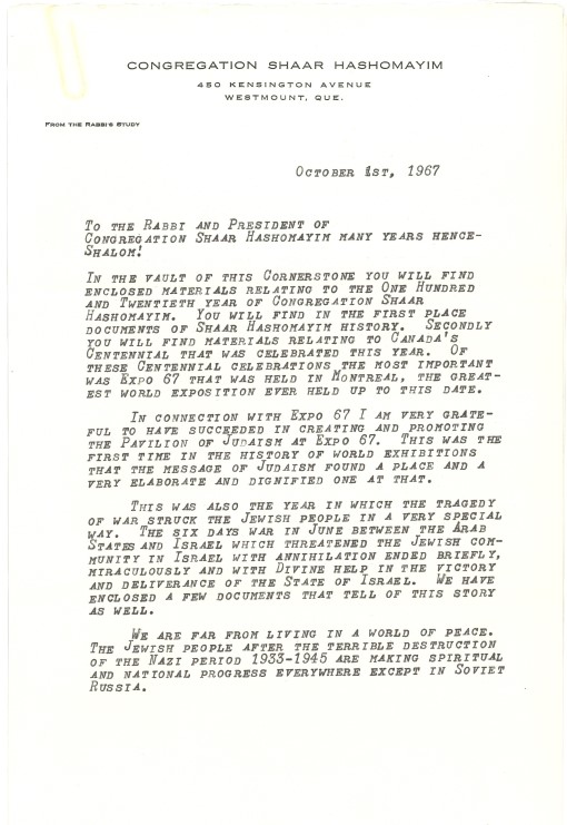 A typed letter written by Rabbi Wilfred Shuchat and dated October 1, 1967.