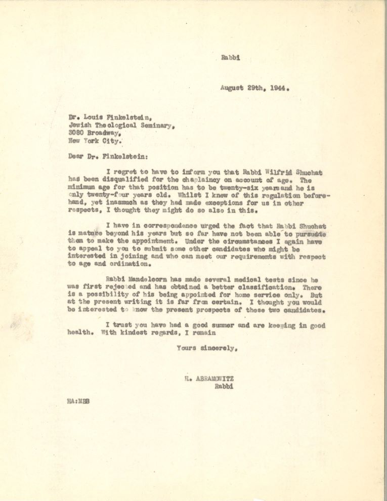 A letter from Rabbi Herman Abramowitz to Dr. Louis Finkelstein.