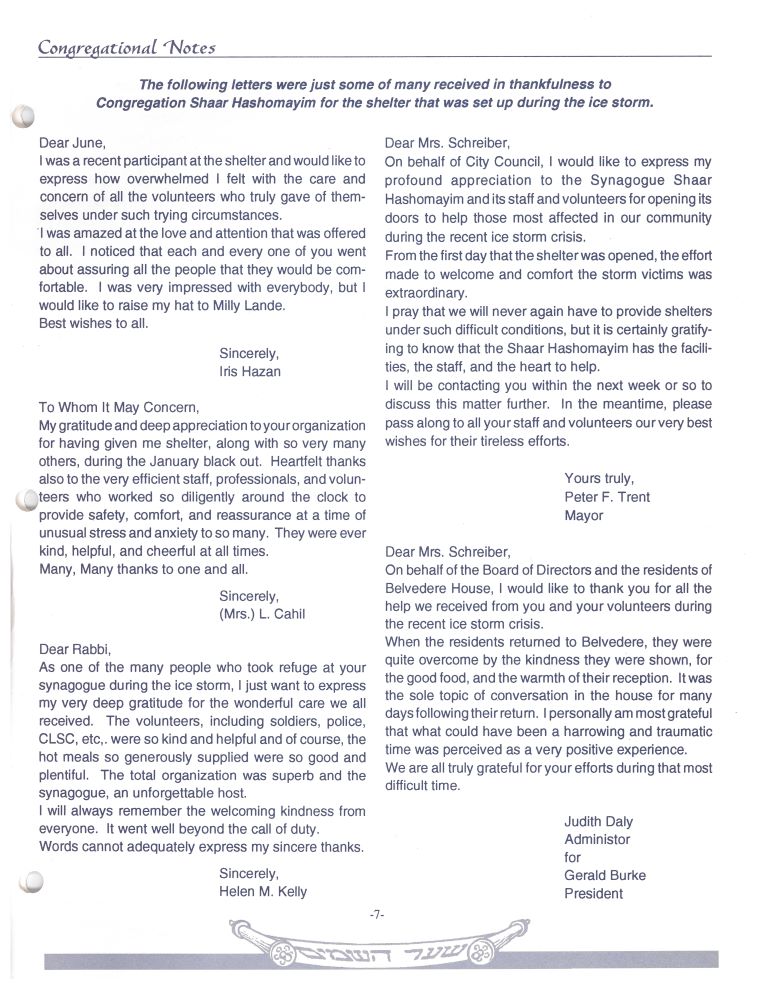 A collection of typed letters and messages of thanks sent to the synagogue for their help during the 1998 Ice Storm.