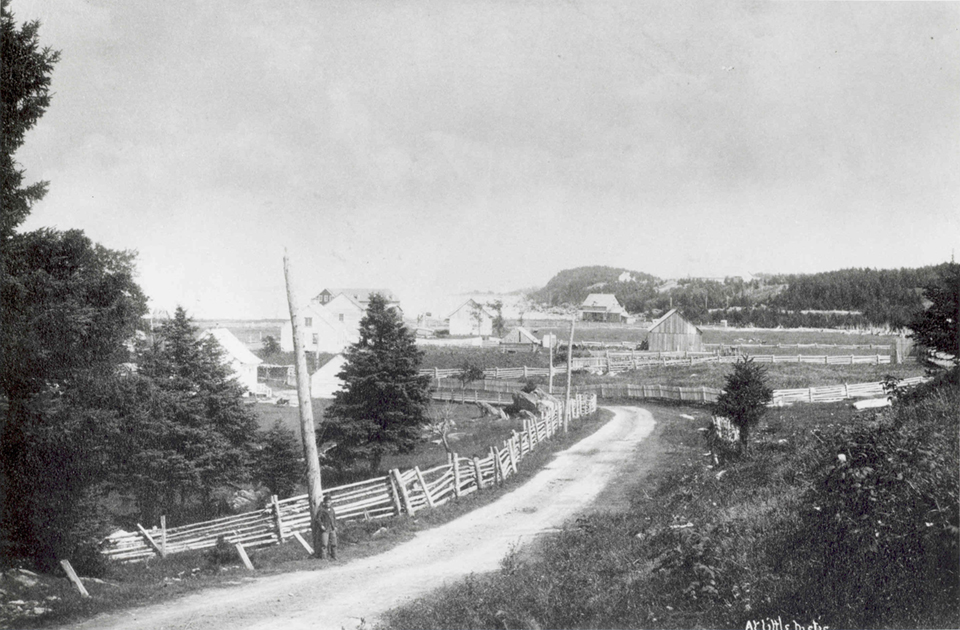 Black and white photograph of a dirt road winding between houses, fields and barns. A wooden fence runs along the left side of the dirt road. A boy is leaning against a wooden post.