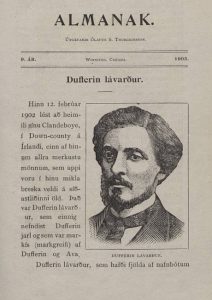 A printed page from an Icelandic almanac publication titled Almanak, published in Winnipeg, Canada, in 1903. The text is arranged in a centered format with a serif font. Below the title is the headline Dufferin lávarður. The page includes a black-and-white illustrated portrait of a man with short dark hair, a mustache, and a neatly trimmed beard, dressed in a high-collared shirt and jacket. The text surrounding the image is in Icelandic.