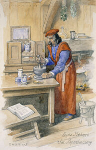 Artistic representation of Louis Hébert, apothecary in his pharmacy