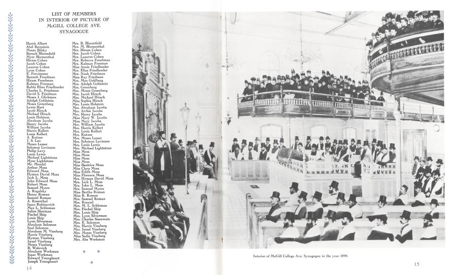 A black-and-white composite photograph of the interior of the Shaar Hashomayim building on McGill College Avenue and its members. A list is provided of the names of members in the photograph.