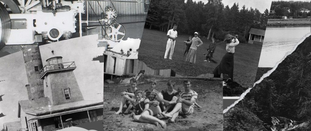 In the upper left, the photograph displays the stationary equipment used to activate the foghorn of the Metis Beach lighthouse. In the lower left, the first Metis Beach lighthouse is visible in the foreground, with the construction of the second lighthouse in the background. In the upper center, a woman wearing a long skirt, a long-sleeved shirt, and a hat is about to strike a golf ball with her club. In the background, a man, a woman, and two teenagers are observing the scene. In the lower center, five young men wearing striped swimsuits that cover their arms and torso down to their legs are sitting on the beach. In the background, a series of changing cabins can be seen. In the upper right, the photograph shows a series of summer residences along the beach. The photograph was taken from the river towards the shore. In the lower right, the photograph presents a waterfall flowing between rocks, surrounded by a deciduous wood.