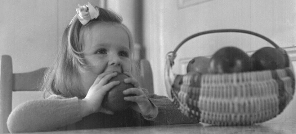 Little girl at a table biting into an apple, c.1945