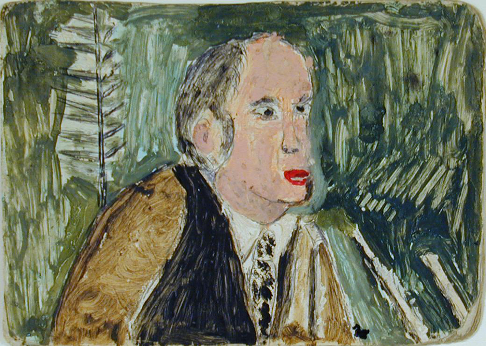 Painting of Pierre Trudeau in a brown jacket on a green background.