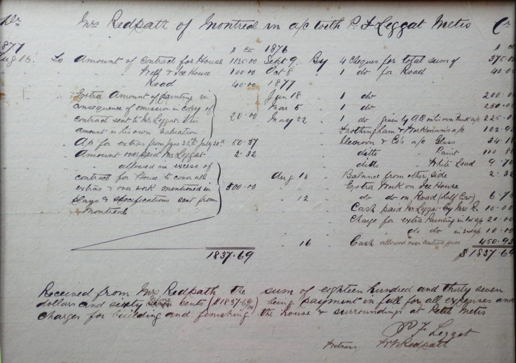 Hand written invoice addressed to Mrs. Redpath of Montreal from Mr. Peter Leggat of Metis, detailing the cost of the materials used to build the Redpath cottage in Metis.