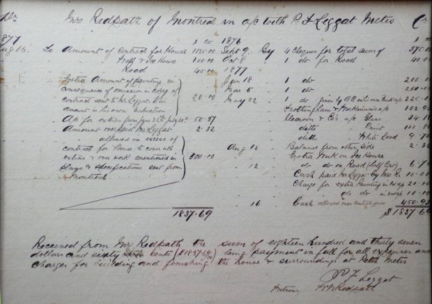 Hand written invoice addressed to Mrs. Redpath of Montreal from Mr. Peter Leggat of Metis, detailing the cost of the materials used to build the Redpath cottage in Metis.