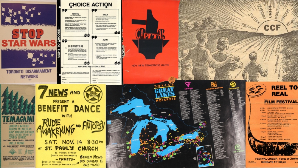 A collage of eight posters.