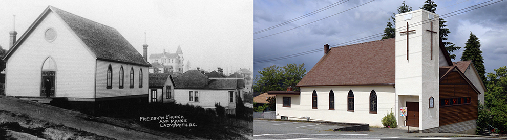 Two images of the same church building. On the left a black and white photograph taken in 1910 shows a simple rectangular hall. On the right a colour photograph taken in 2022 shows the addition of a rectangular entrance tower and gable-end porch.