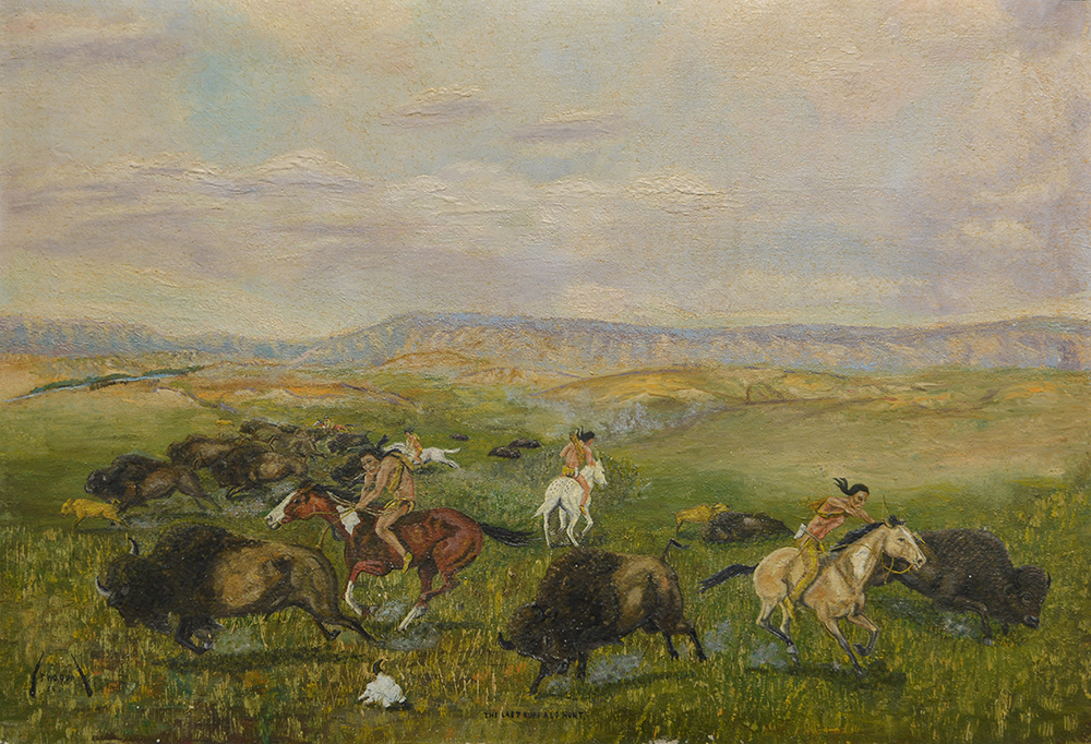 Five men on horses chasing bison in a field with bows.