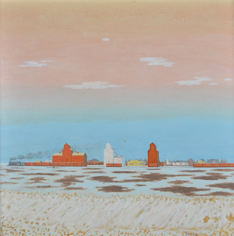 Three grain elevators, a train, and some buildings in the distance beyond a snowy field, sky orange.