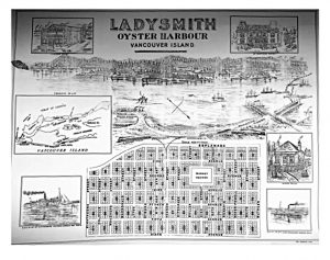 Map of grid-iron layout of Town of Ladysmith with accompanying grandiose illustrations of a ship-filled harbour with its coal wharves and industries, commercial buildings and a pleasant house.