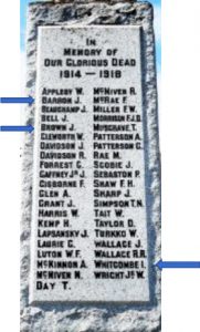 Colour photograph of a light grey granite plinth with lettering carved into it and coloured black. The text “In Memory of Our Glorious Dead 1914-1918 “ overlays 41 names. Three blue arrows overlain on the photograph depict those who were well-known musicians within the community.