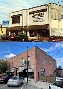 Two colour photographs, before and after restoration, showing an oblique view of the frontage of the same flat roofed commercial building. The ‘Before’ photograph shows the walls coated in shabby white stucco, windows obscured by signage, and a continuous cedar shake roofed awning over the doors and windows. The ‘After’ photograph shown the walls cleared down to the original bare brick, the second story arched windows free of covering, and separate awnings over the ground floor commercial windows.