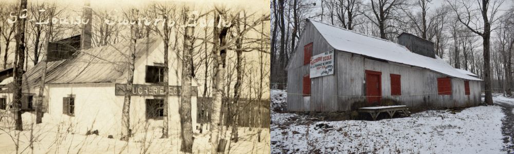 Comparison of the Sainte-Louise sugar shack school (then/now). Left (black and white photograph): wooden building, sign reading 