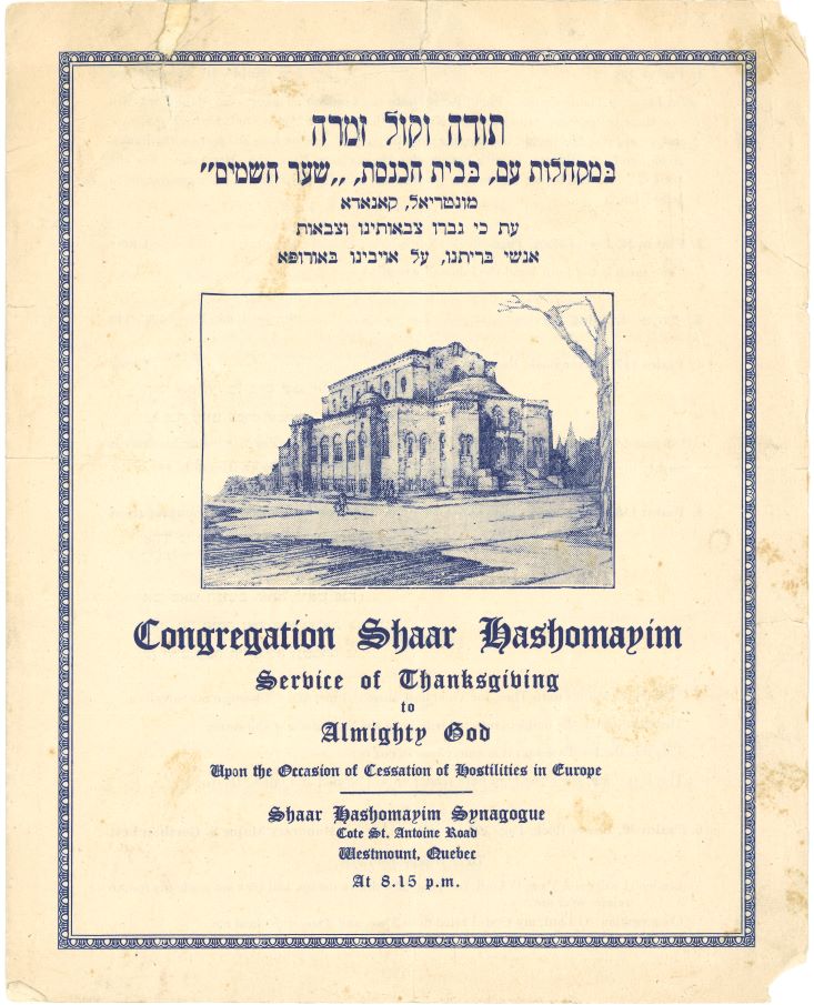 A yellowed program cover for the service of thanksgiving upon the occasion of the cessation of hostilities in Europe, 1945.