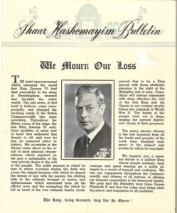 The front page of a synagogue bulletin announcing the death of King George VI. A picture of King George VI is in the centre.