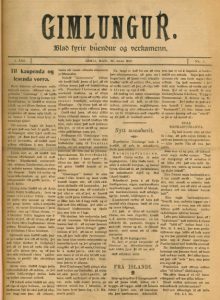 Aged front page of the Icelandic-language newspaper Gimlungur. The title appears in large bold Gothic-style font at the top, followed by the subtitle Blad fyrir bændur og verkamenn. The issue is dated Gimli, Manitoba, 10. febrúar 1905, and is formatted in three columns of tightly packed text. Articles include titles such as Til kaupenda og lesenda vorra and Frá Íslandi. The paper is slightly yellowed with time, giving it a vintage appearance.