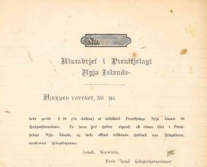 A vintage printed certificate from the Prentsfélag Nýja Íslands, with the title Munabrjef í Prentsfélagi Nýja Íslands centered at the top. The document includes a decorative label marked No. and features Icelandic text in a serif font. There are handwritten elements on the lines indicating names and values. The paper is slightly yellowed with age and shows a few brown spots. The signature line at the bottom is signed by the managing board representative, and the certificate is dated in Gimli.