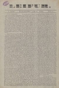 A scan of the first issue of Leifur. The paper’s title is bold at the top, with volume and issue information beneath. The page contains dense, closely set columns of Icelandic text. A purple oval stamp appears in the top-left corner.