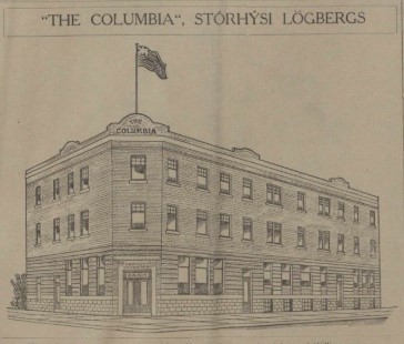 A vintage architectural sketch of a three-story brick building with THE COLUMBIA on top. A flag flies above, and the Icelandic label Stórhýsi Lögbergs suggests it was intended as Lögberg's headquarters.
