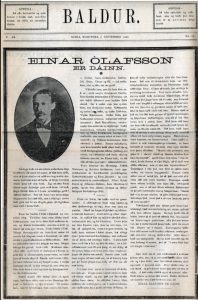 Front page of a historical Icelandic-language newspaper titled Baldur. The date reads Gimli, Manitoba, 2. September 1907, and the issue number is visible in the top margin. The main headline in bold text reads Einar Ólafsson er dáinn. Below the headline is a black-and-white portrait of a man in formal attire, framed in an oval. The remainder of the page is filled with justified columns of text in Icelandic. The paper shows slight aging with darkened edges.