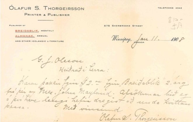 A 1908 letter on official letterhead from Ólafur S. Thorgeirsson, Printer & Publisher in Winnipeg, addressed to S.G. Olson. Handwritten in Icelandic script, it is dated January 11.