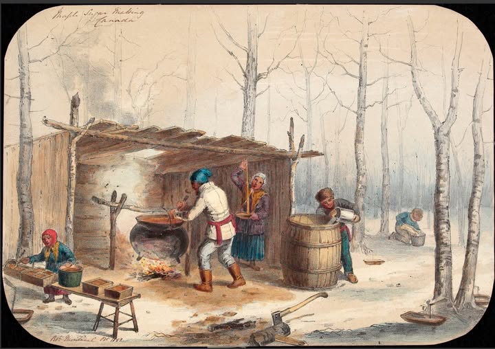 Krieghoff print Sugar Making in Canda. Several people: man stirs a cauldron over a fire under a shelter (elderly woman beside him), man fills a barrel, child is near a container, woman handles sugar moulds. Snowy environment tapped maple trees (sap containers). Scattered tools (axe, buckets).