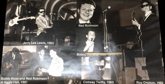 Black and white photomontage featuring a smiling Red Robinson and early 1960s Rock and Roll stars including Jerry Lee Lewis playing piano, Buddy Knox playing electric guitar, Bobby Curtola singing into a microphone, Roy Orbison playing electric guitar and Conway Twitty smiling into the camera.