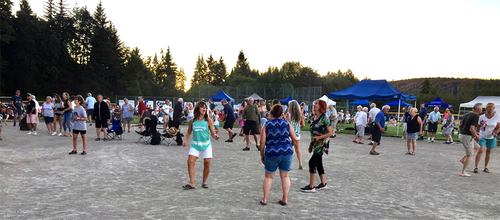 Colour photograph of a large group, many clad in t-shirts and shorts, in a sports ground on a beautiful summer evening dancing and listening to music.