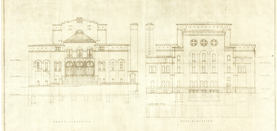Architectural drawing of the front and back of the Shaar Hashomayim building in Westmount.