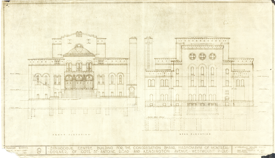 Architectural drawing of the front and back of the Shaar Hashomayim building in Westmount.