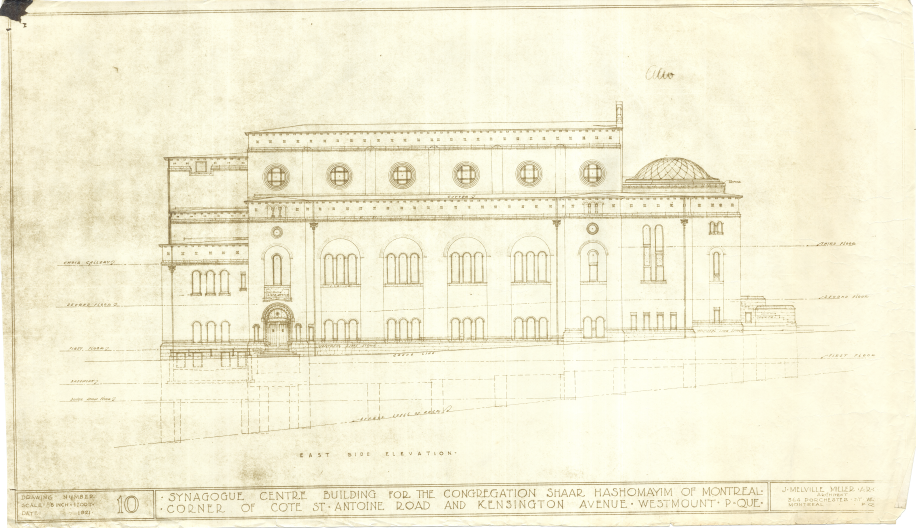 Architectural drawing of the side of the Shaar Hashomayim building in Westmount.