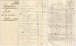 Handwritten notes mentioning “1831. Education. List of the Sixth School”, as well as a list of the school's students.