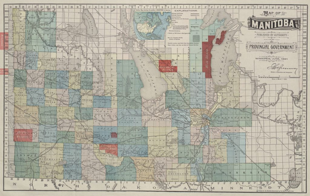 A colourful  map of Manitoba showing surveyed township grids, railways, and natural landmarks. New Iceland appears along the western shore of Lake Winnipeg. The map includes numbered ranges and townships, variously shaded blocks indicating land status, and inset diagrams of Winnipeg and northern Lake Winnipeg. The title reads Map of Manitoba, Published by Authority of the Provincial Government, Winnipeg, June 1891.