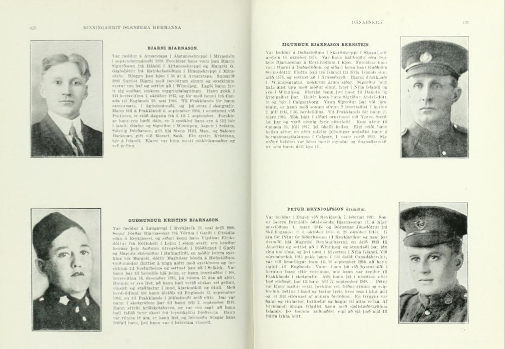 A two-page spread of a book. It features four photos of young men in black and white taken from the shoulders up. Two photos appear on each page with blocks of Icelandic text beside each photo.