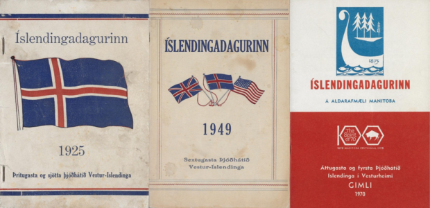 An image of three printed event programs worn with age. The leftmost program features an illustration of Iceland's flag with blue text above and below the flag. The middle program features an illustration of the British, Icelandic, and American Flags with blue text above and below. The top half of the rightmost program features an illustration of the prow of a Viking ship with fish swimming beneath and trees in the background with red and blue text below the illustration. The lower half features white text against a red background.