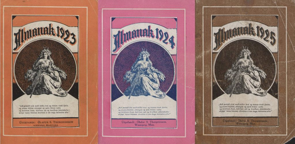 Three magazine covers beside one another. The design is the same for cover but the colours are different. From left to right they are orange, pink, and brown. They feature decorative Icelandic language text and an illustration of a woman with long hair wearing long robes and a crown. She also holds a downturned sword in one hand.