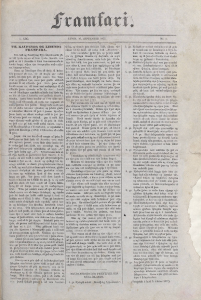 A page of newsprint faded with age featuring three narrow columns of text printed in black ink. The title, Framfari, is printed in a large gothic font at the top of the page.